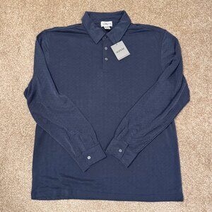 NWT New Mens Large ALFANI Thunder Blue Check Long Sleeve Collared Polo Shirt $45